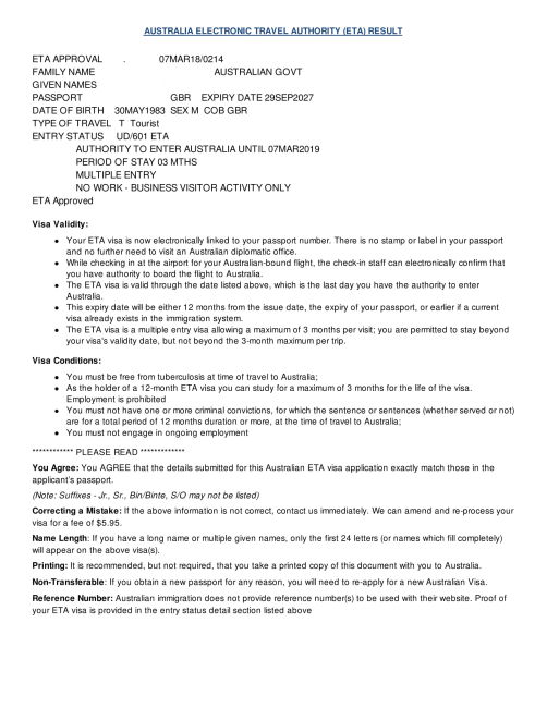 What is an Australia ETA (subclass 601)